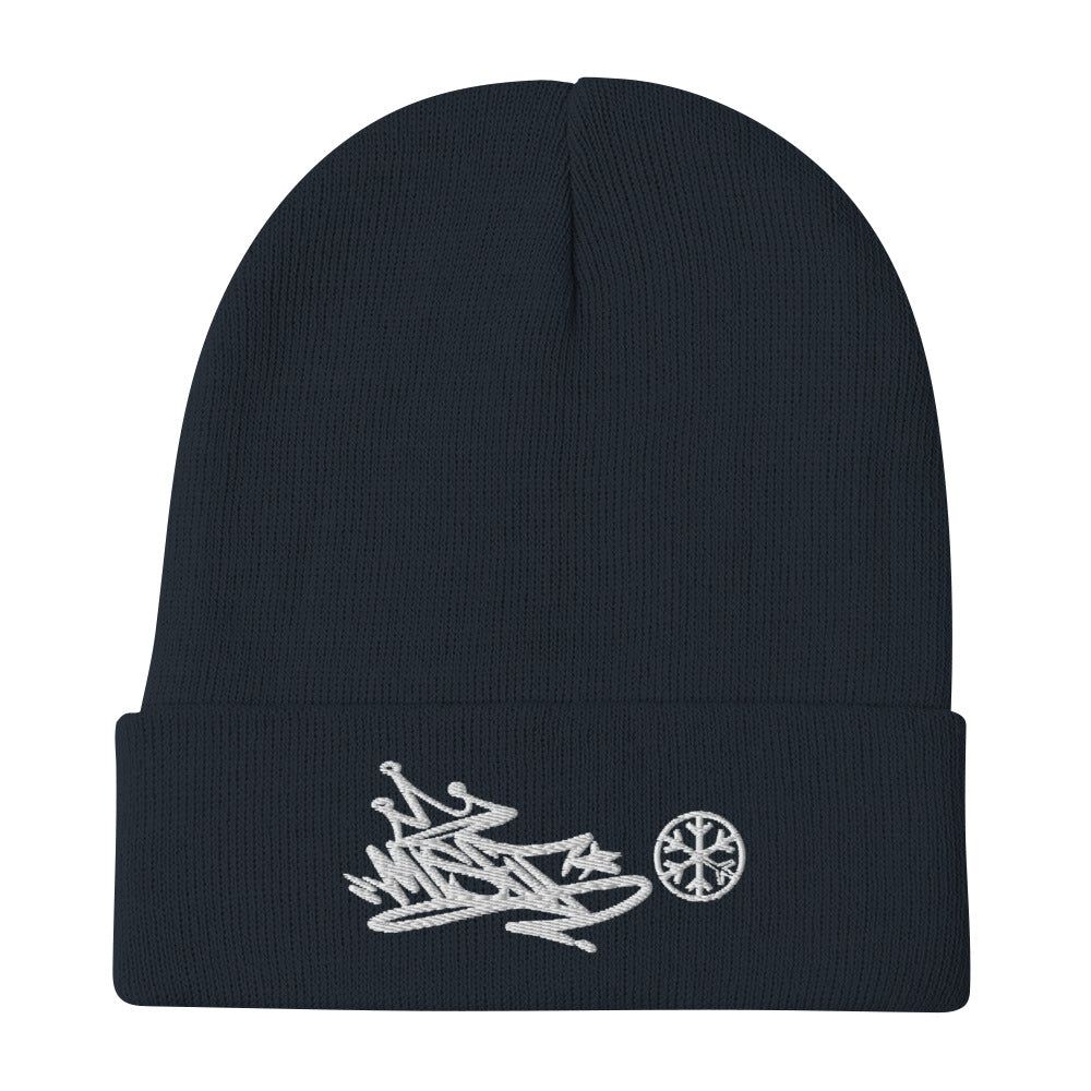 Navy-Misfit Graffiti Tag Beanie from B.Different Clothing, flat view, graffiti-inspired streetwear