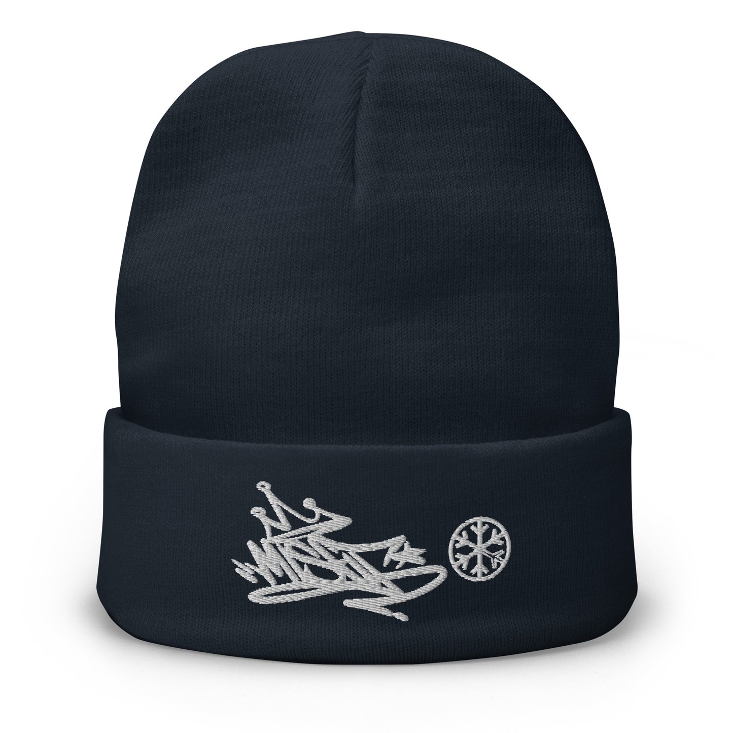 Navy-Misfit Graffiti Tag Beanie from B.Different Clothing, front view, graffiti-inspired streetwear