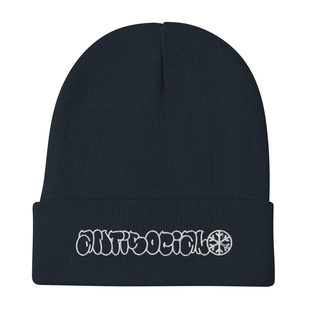 Navy-Antisocial Graffiti Hollow Beanie Hat from B.Different Clothing, flat view, graffiti-inspired streetwear