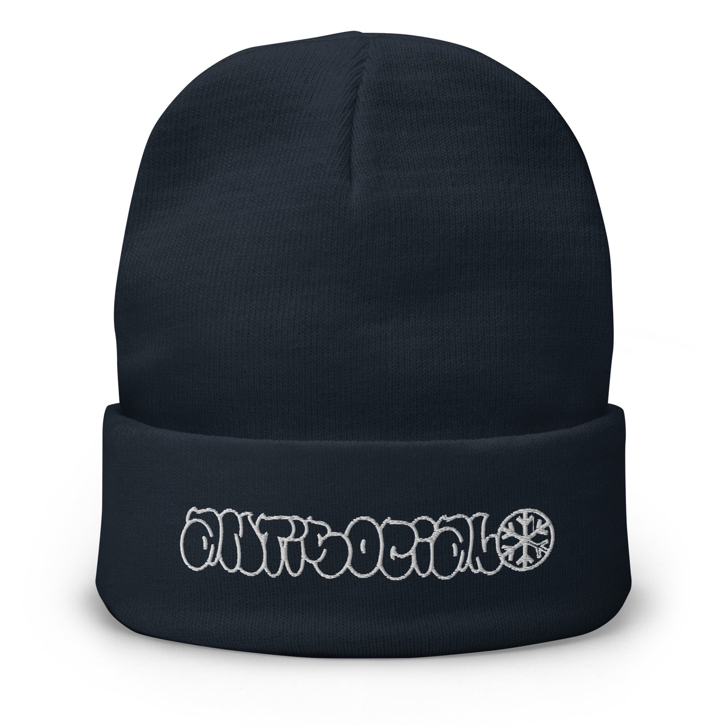 Navy-Antisocial Graffiti Hollow Beanie Hat from B.Different Clothing, front view, graffiti-inspired streetwear