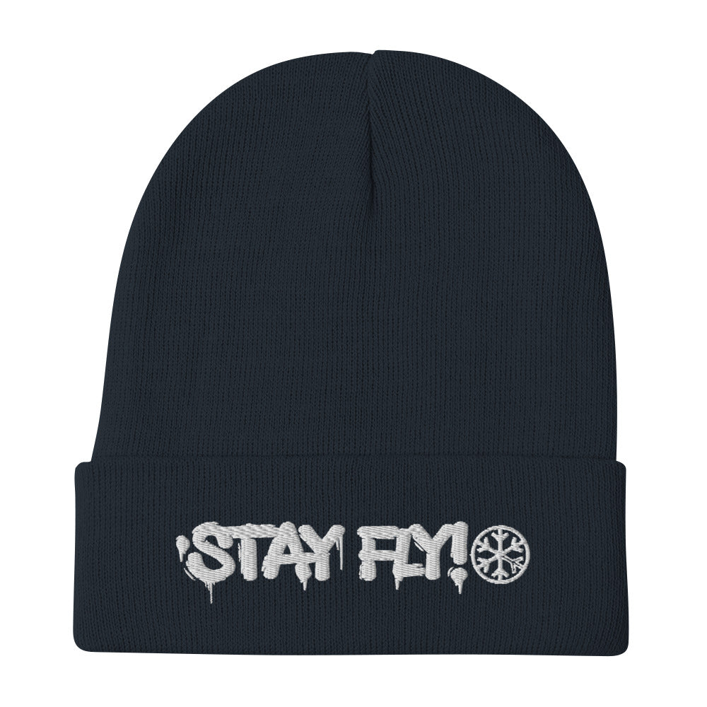 Navy-Stay Fly Graffiti Tag Beanie Hat from B.Different Clothing, flat view, graffiti-inspired streetwear