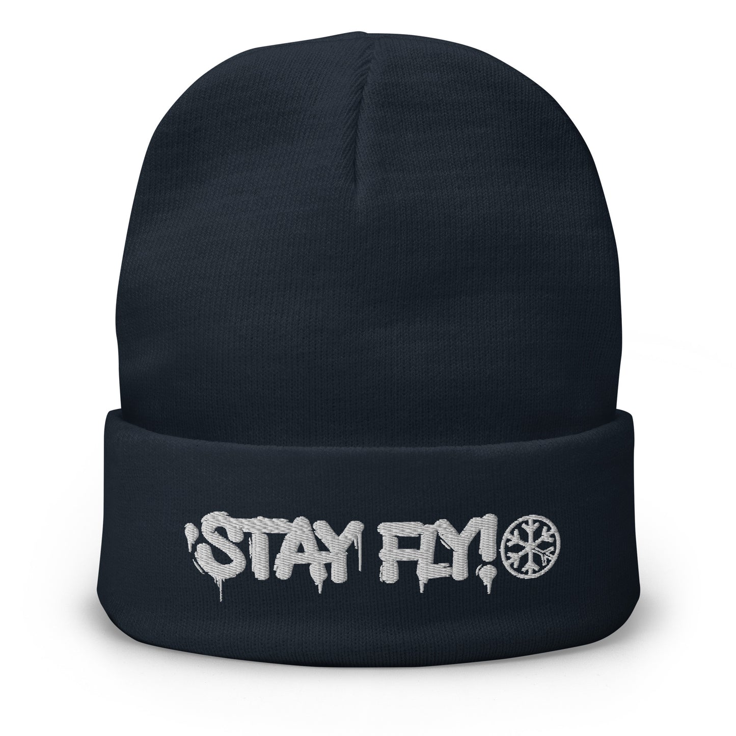 Navy-Stay Fly Graffiti Tag Beanie Hat from B.Different Clothing, front view, graffiti-inspired streetwear