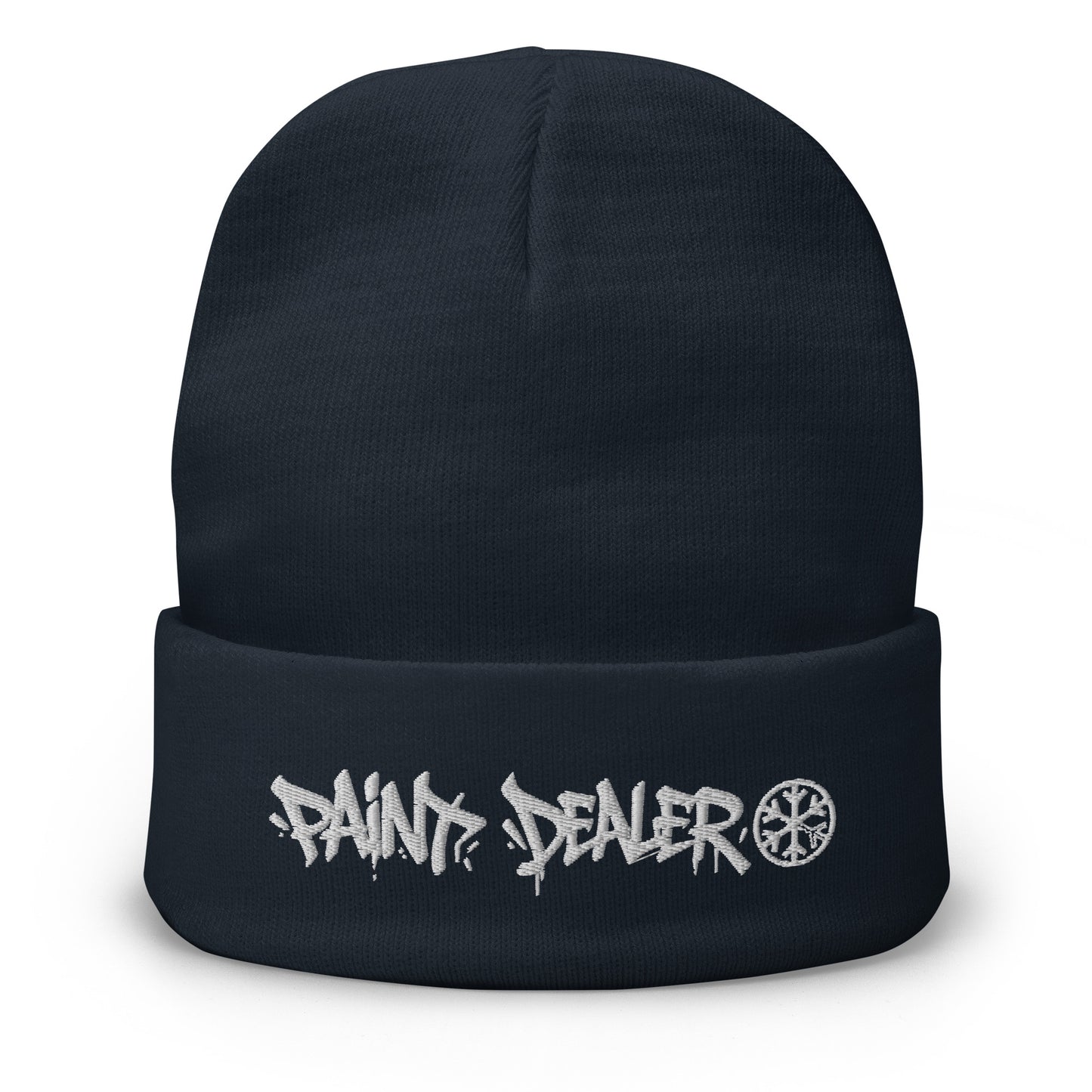 Navy-Paint Dealer Graffiti Tag Beanie Hat from B.Different Clothing, front view, graffiti-inspired streetwear