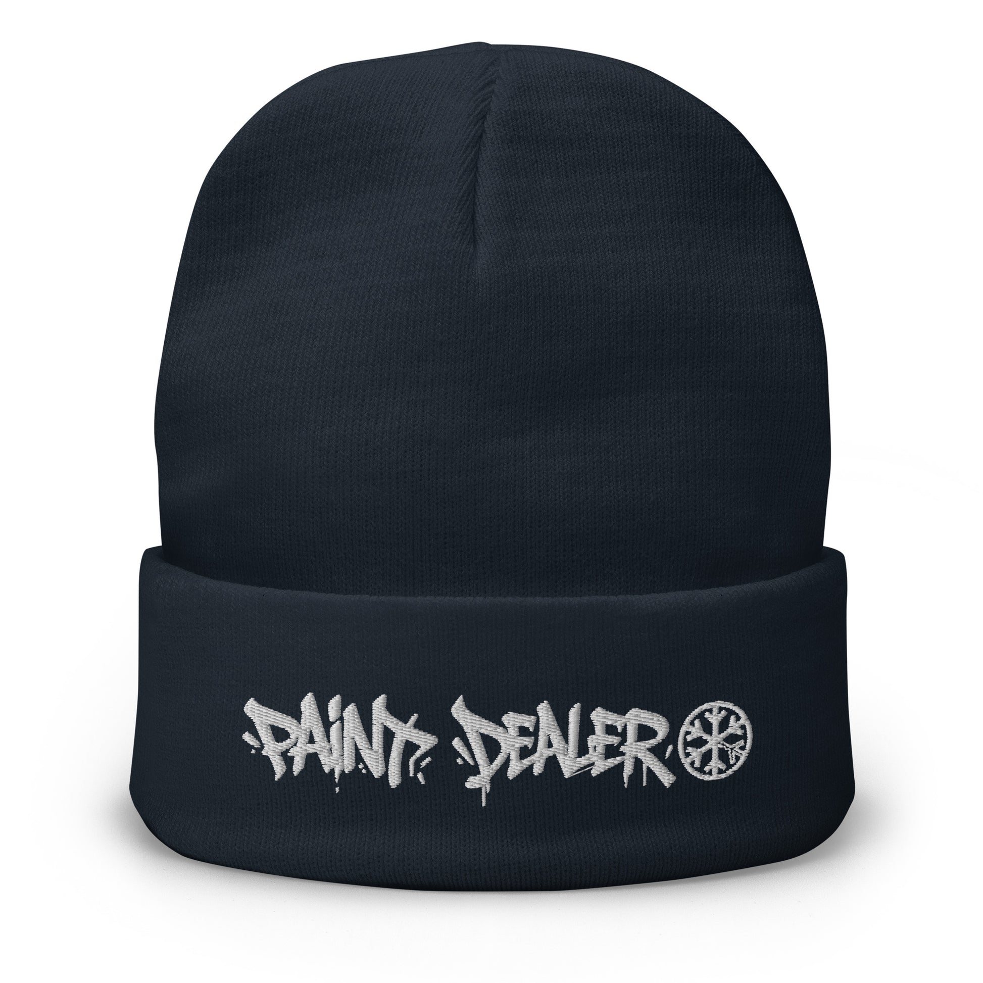 Navy-Paint Dealer Graffiti Tag Beanie Hat from B.Different Clothing, front view, graffiti-inspired streetwear