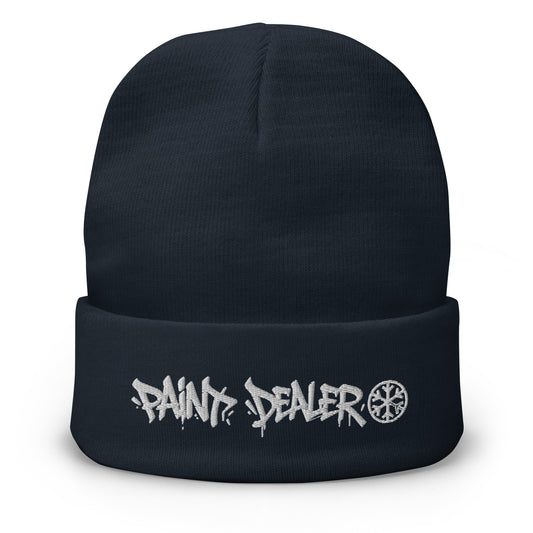 Navy-Paint Dealer Graffiti Tag Beanie Hat from B.Different Clothing, front view, graffiti-inspired streetwear