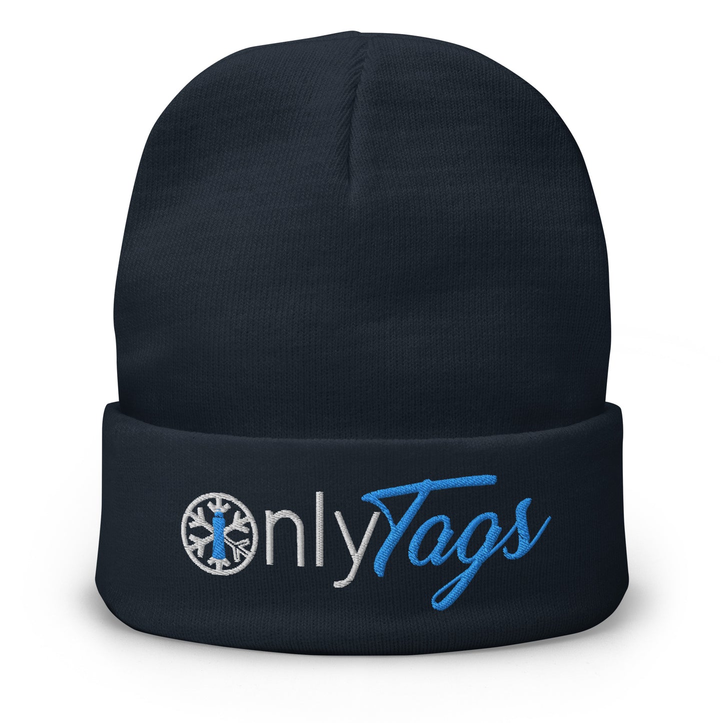 Navy-Only Tags Graffiti Beanie Hat from B.Different Clothing, front view, graffiti-inspired streetwear