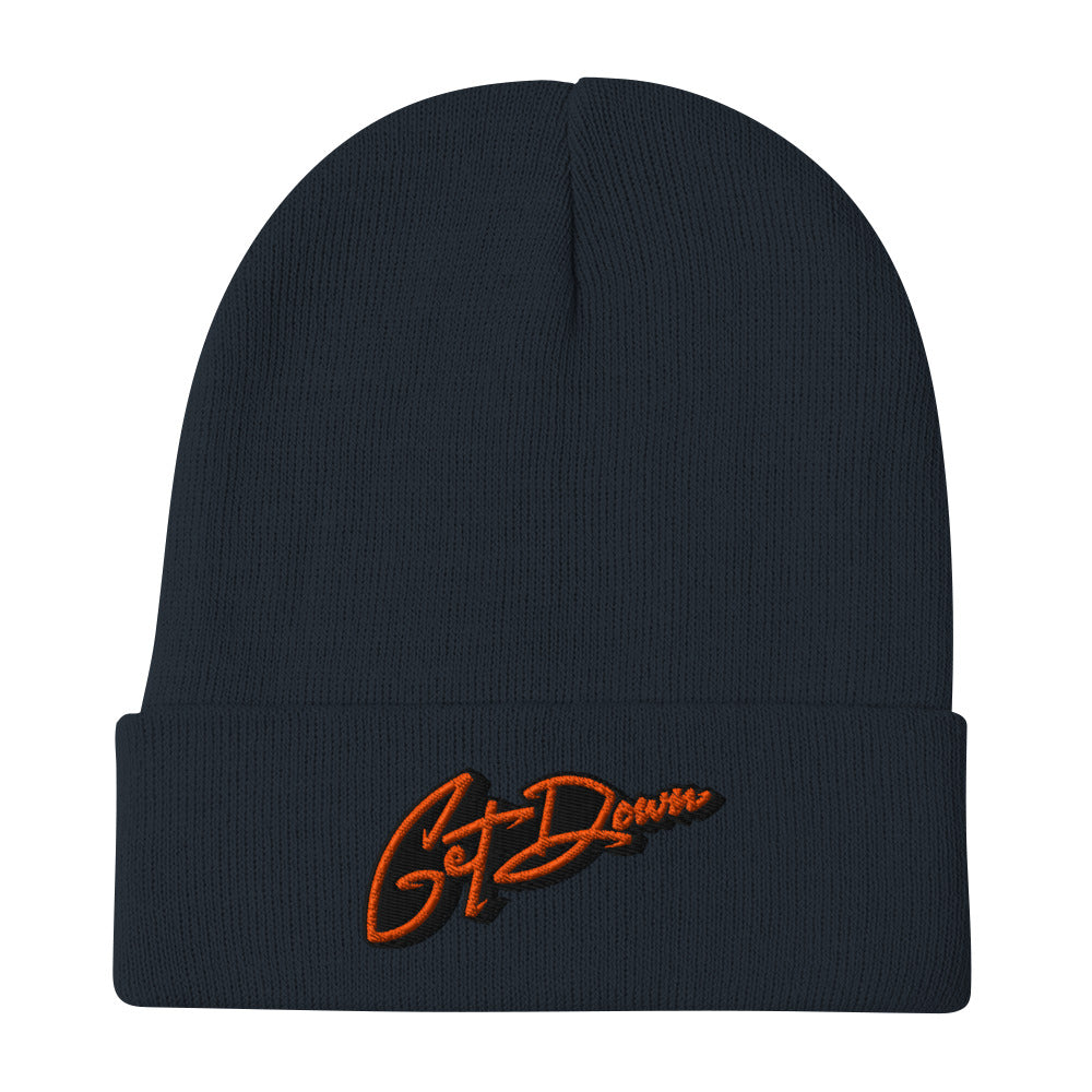 Navy-Get Down Graffiti Lettering Beanie Hat from B.Different Clothing, flat view, graffiti-inspired streetwear