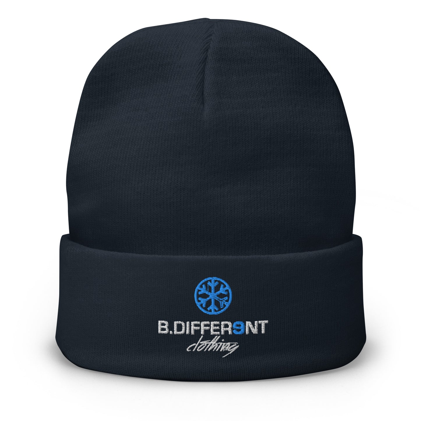 Navy-Logo Beanie Hat from B.Different Clothing, front view, graffiti-inspired streetwear
