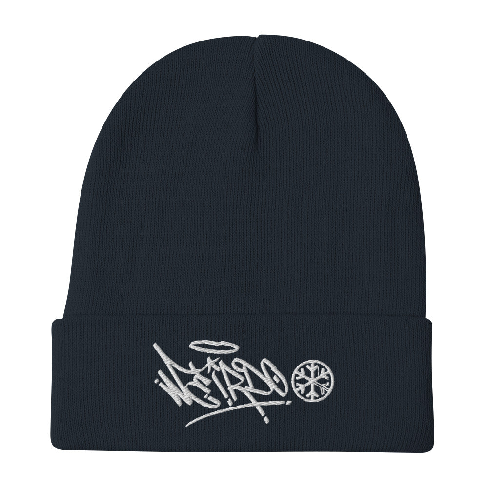Navy-Weirdo Graffiti Tag Beanie Hat from B.Different Clothing, flat view, graffiti-inspired streetwear