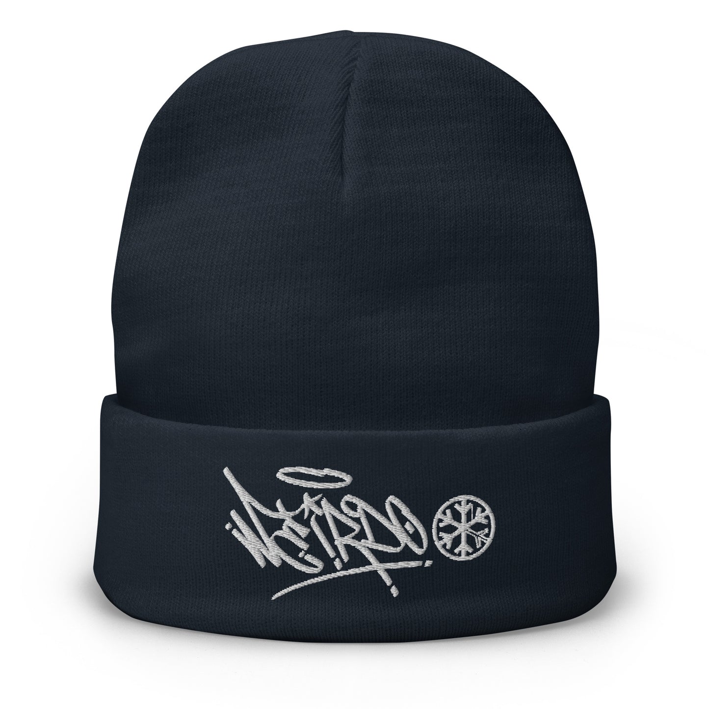 Navy-Weirdo Graffiti Tag Beanie Hat from B.Different Clothing, front view, graffiti-inspired streetwear