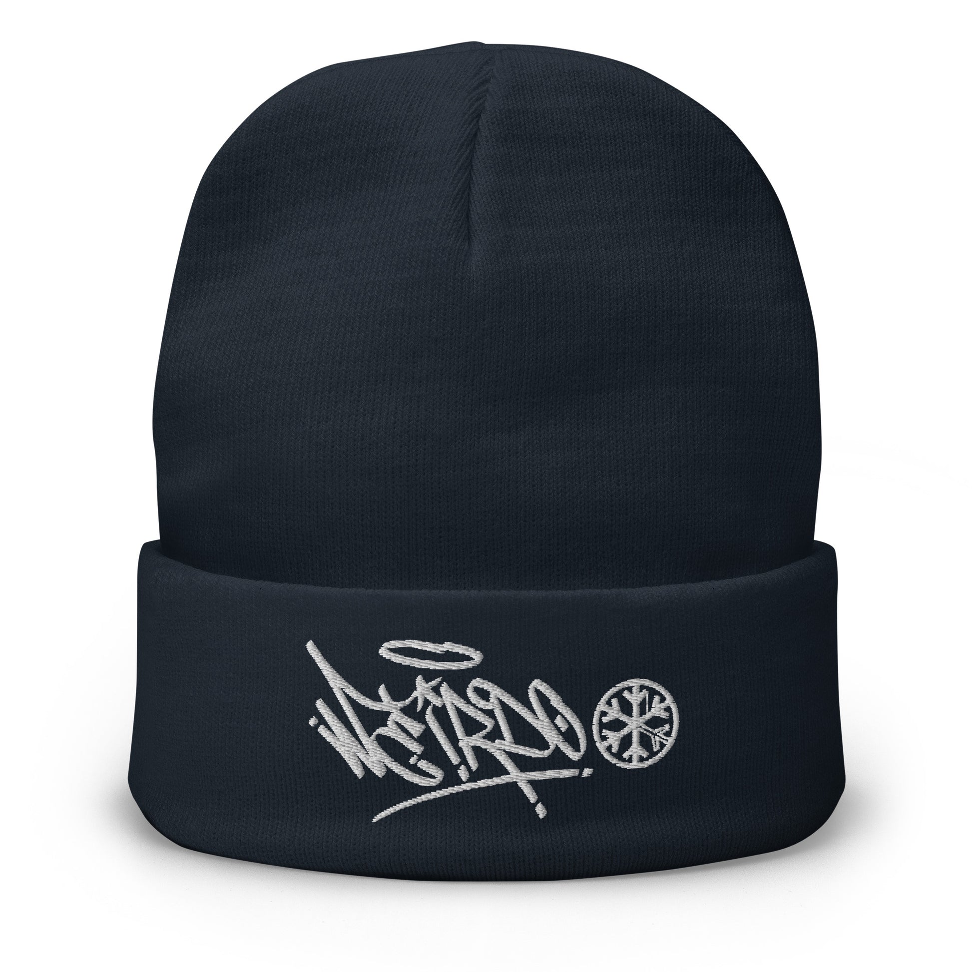 Navy-Weirdo Graffiti Tag Beanie Hat from B.Different Clothing, front view, graffiti-inspired streetwear