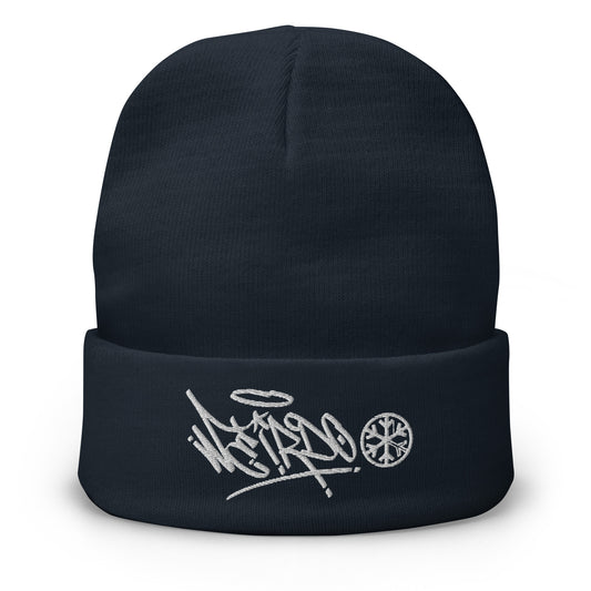 Navy-Weirdo Graffiti Tag Beanie Hat from B.Different Clothing, front view, graffiti-inspired streetwear