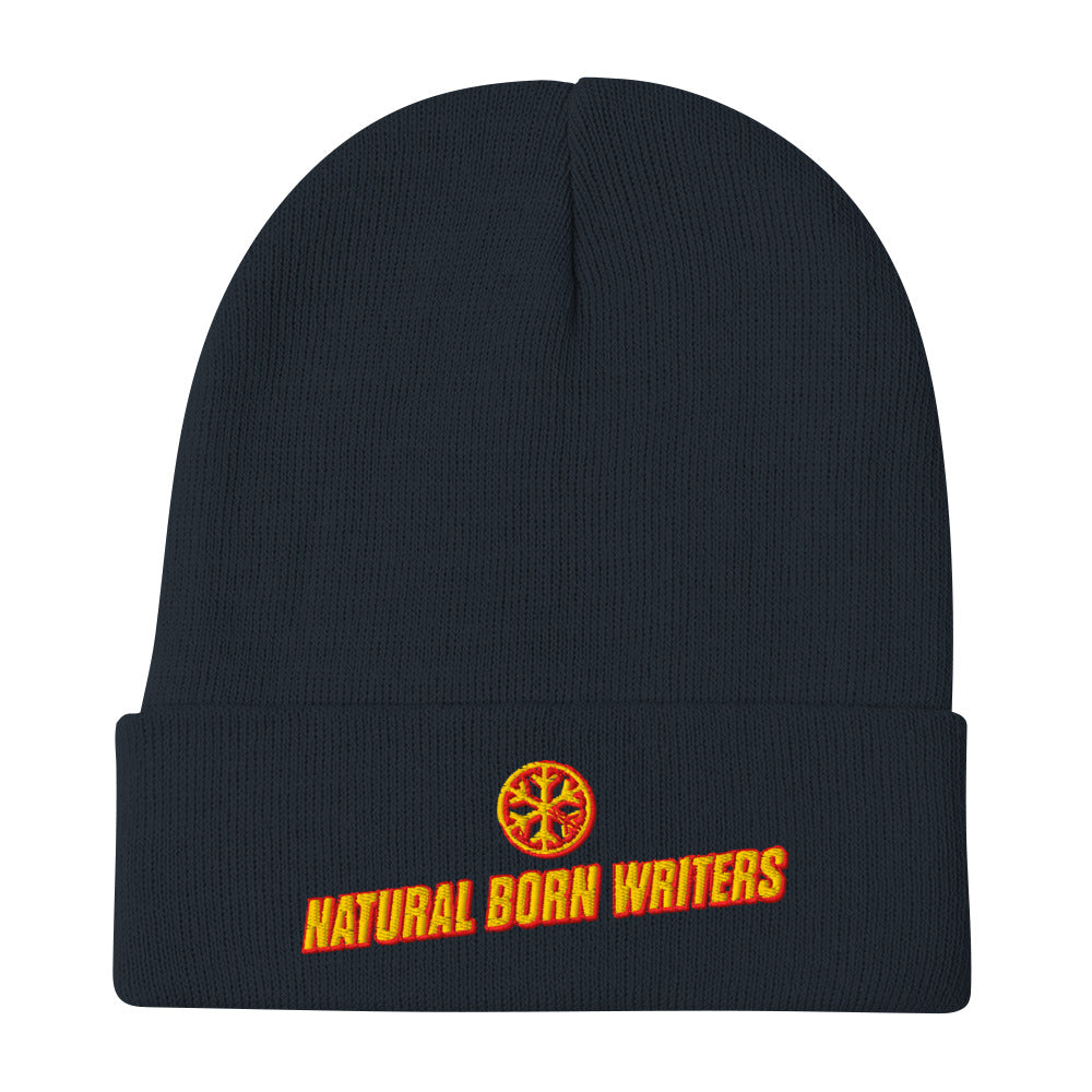 Navy-Natural Born Writers Graffiti Beanie Hat from B.Different Clothing, flat view, graffiti-inspired streetwear