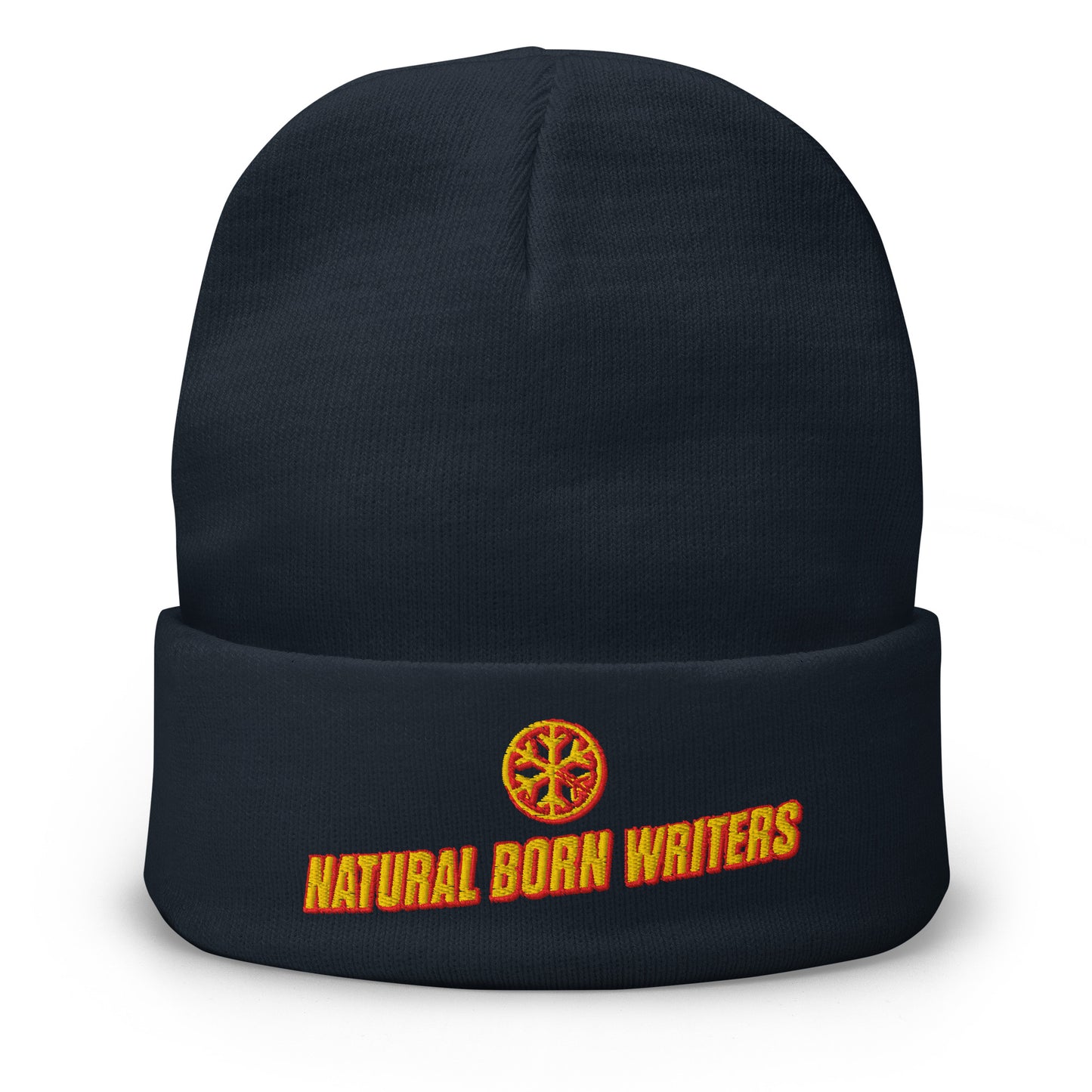 Navy-Natural Born Writers Graffiti Beanie Hat from B.Different Clothing, front view, graffiti-inspired streetwear