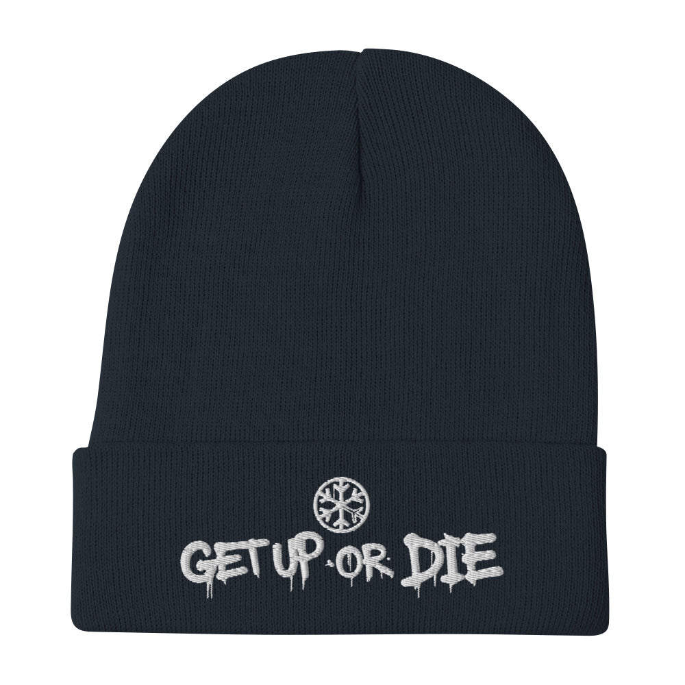 Navy-Get Up or Die Graffiti Beanie Hat from B.Different Clothing, flat view, graffiti-inspired streetwear