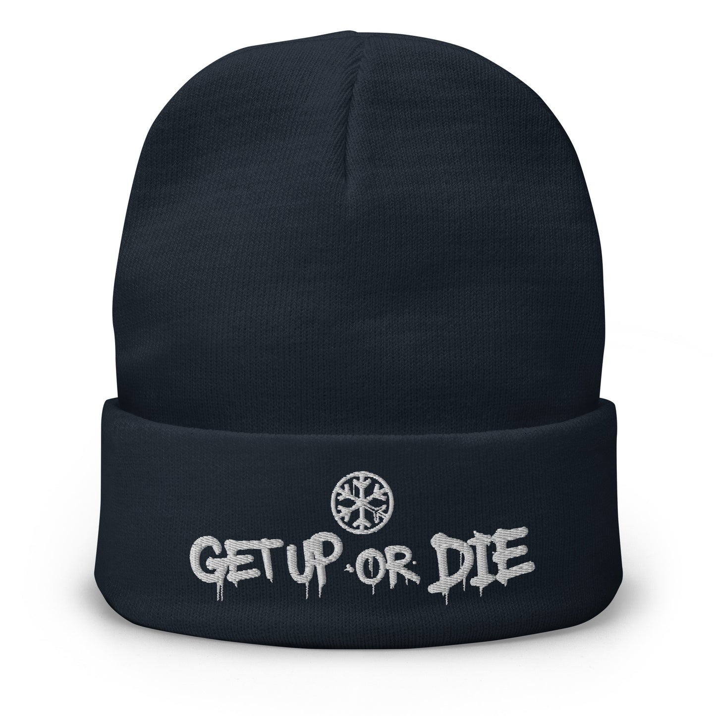 Navy-Get Up or Die Graffiti Beanie Hat from B.Different Clothing, front view, graffiti-inspired streetwear