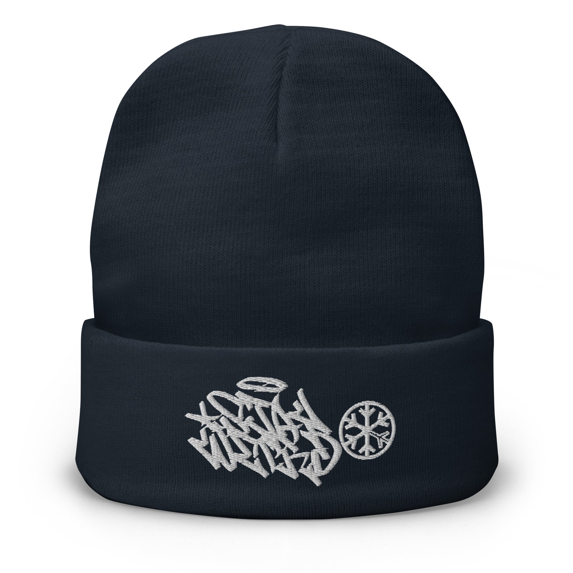 Navy-Stay Weird Graffiti Tag Beanie Hat from B.Different Clothing, front view, graffiti-inspired streetwear