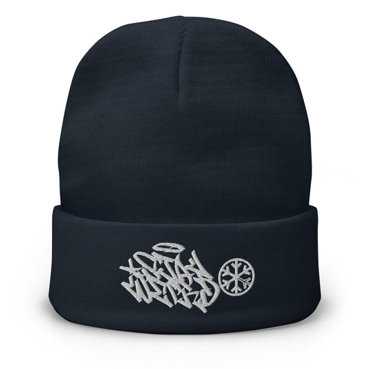 Navy-Stay Weird Graffiti Tag Beanie Hat from B.Different Clothing, front view, graffiti-inspired streetwear
