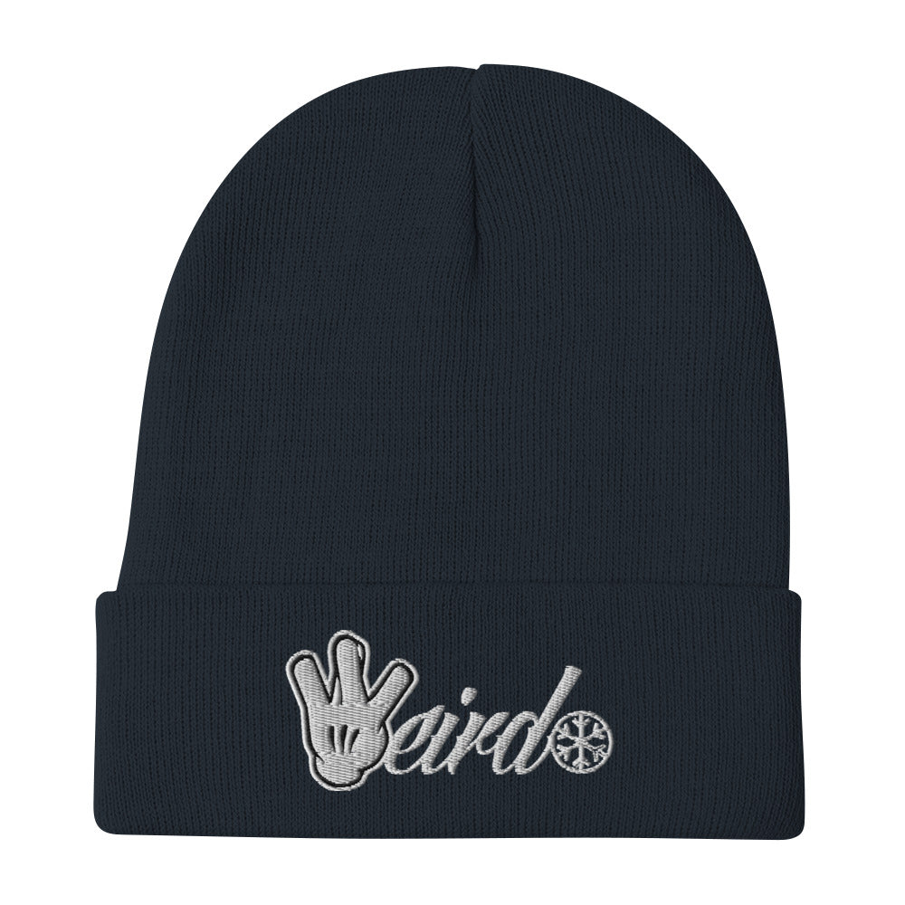Navy-Weirdo Hand Sign Beanie Hat from B.Different Clothing, flat view, graffiti-inspired streetwear