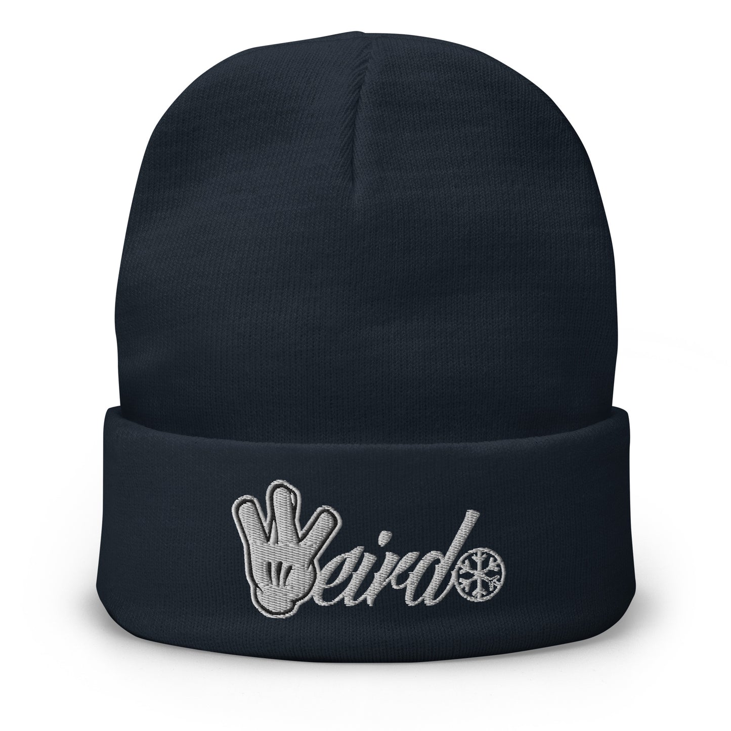Navy-Weirdo Hand Sign Beanie Hat from B.Different Clothing, front view, graffiti-inspired streetwear