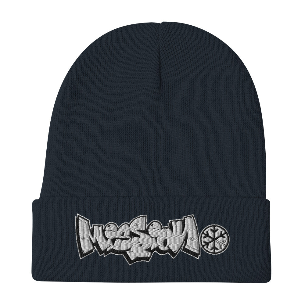 Navy-Mission Graffiti Piece Beanie Hat from B.Different Clothing, flat view, graffiti-inspired streetwear