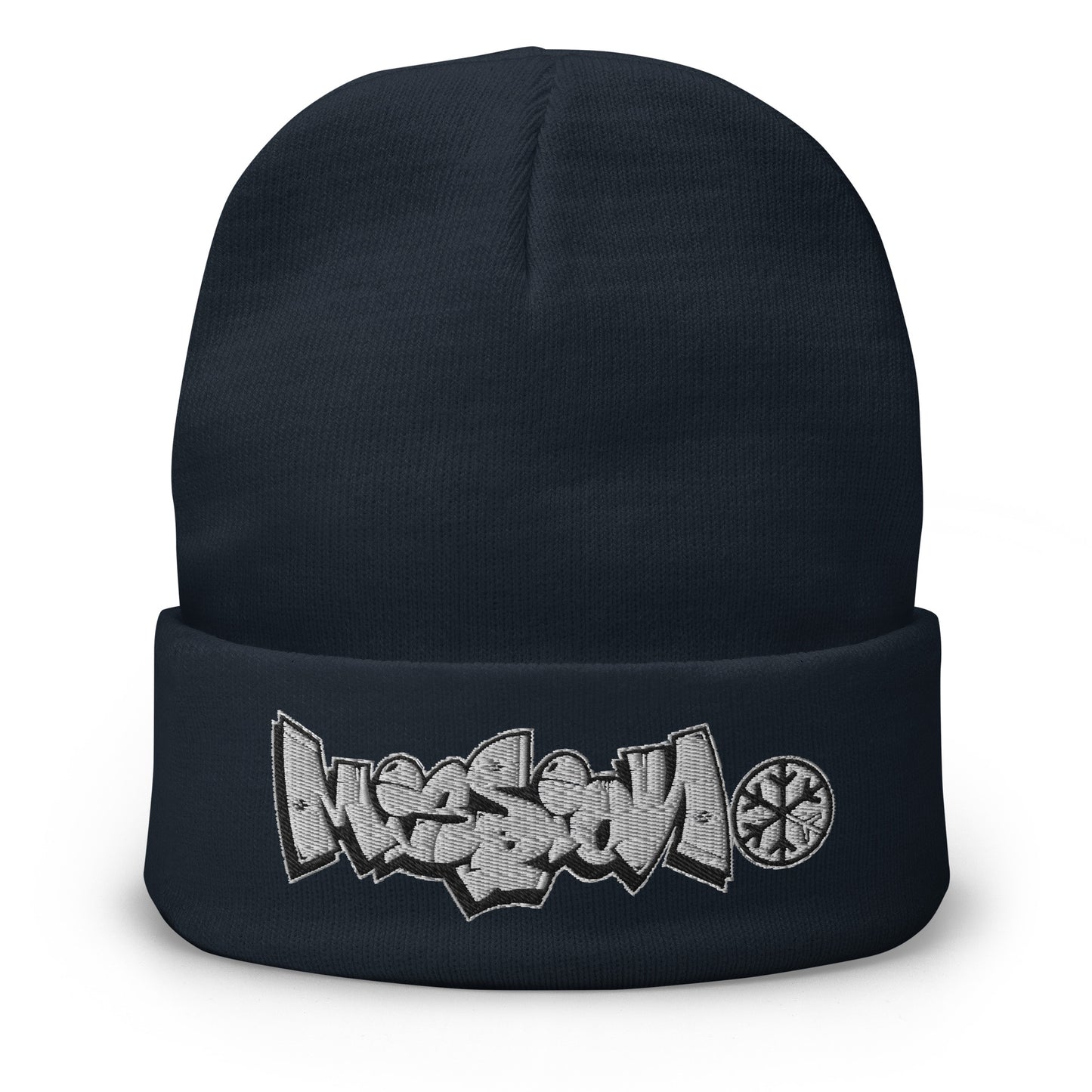 Navy-Mission Graffiti Piece Beanie Hat from B.Different Clothing, front view, graffiti-inspired streetwear