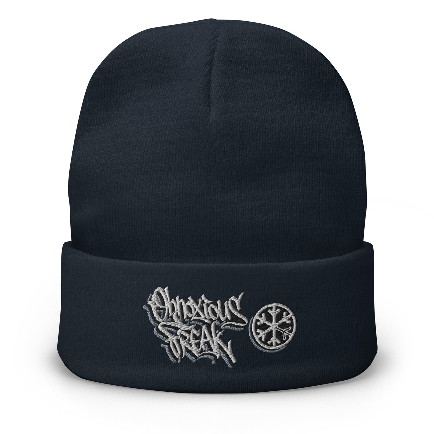 Navy-Obnoxious Freak Graffiti Beanie Hat from B.Different Clothing, front view, graffiti-inspired streetwear