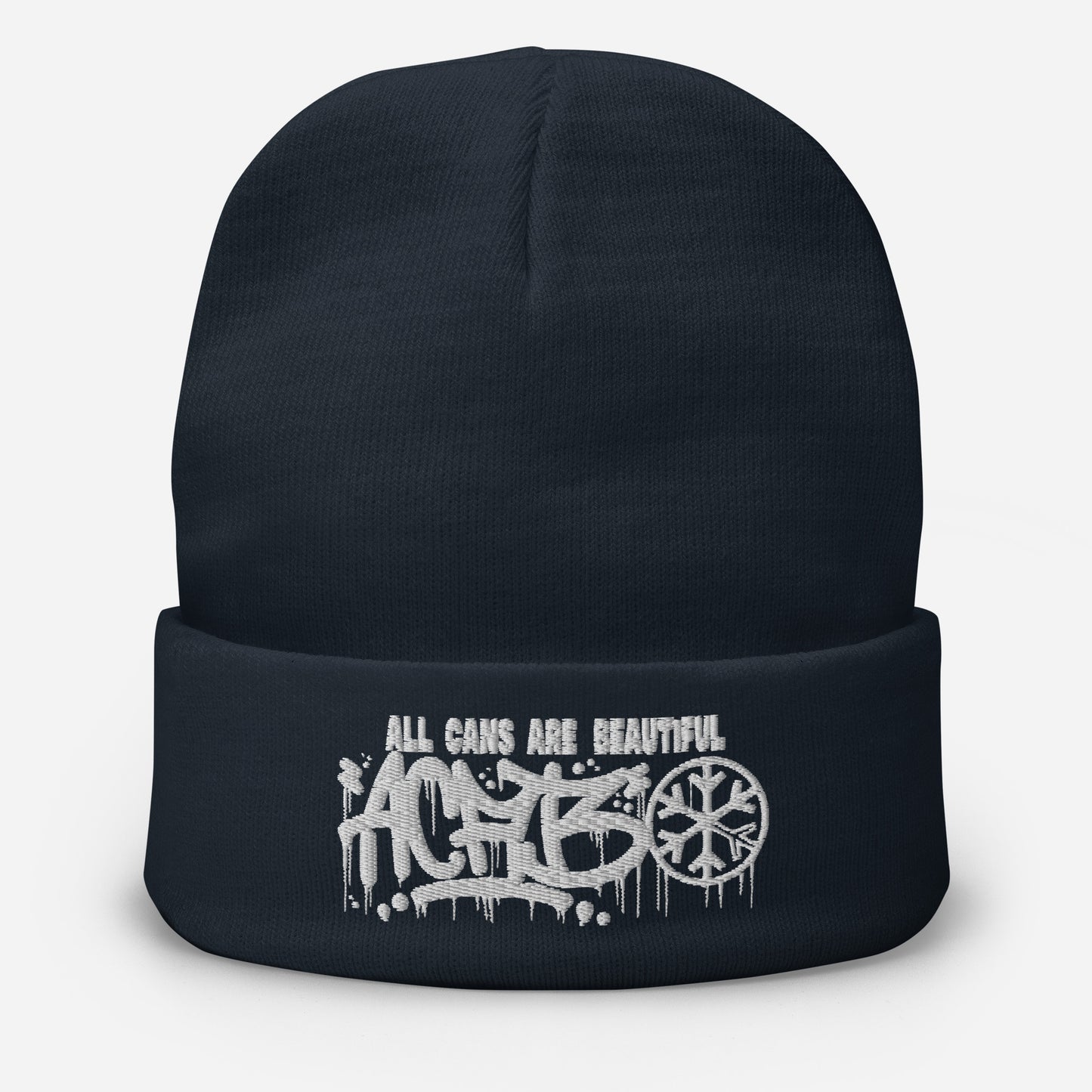 Navy-ACAB Graffiti Tag Beanie Hat from B.Different Clothing, front view, graffiti-inspired streetwear