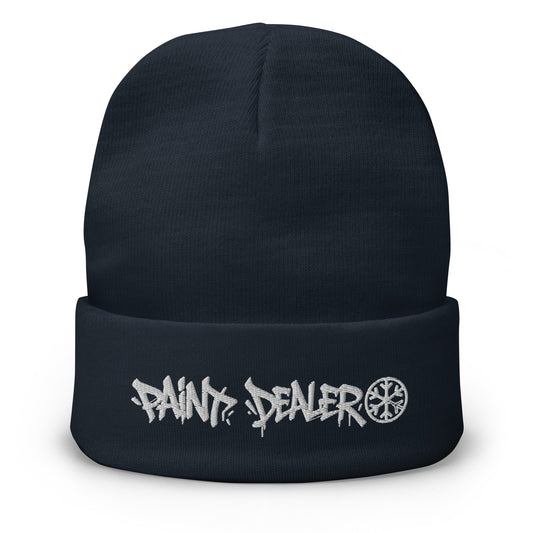 Navy-Paint Dealer Graffiti Tag Beanie Hat from B.Different Clothing, front view, graffiti-inspired streetwear