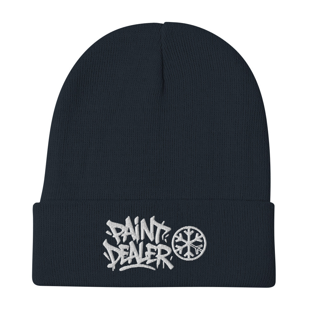 Navy-Paint Dealer Graffiti Tag Beanie Hat from B.Different Clothing, flat view, graffiti-inspired streetwear