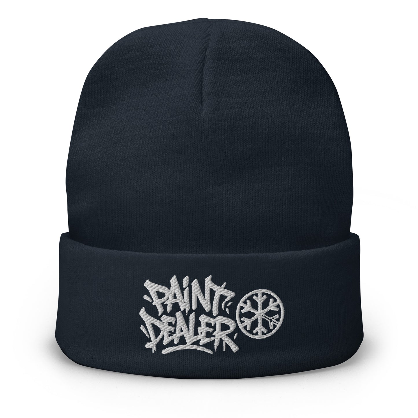 Navy-Paint Dealer Graffiti Tag Beanie Hat from B.Different Clothing, front view, graffiti-inspired streetwear