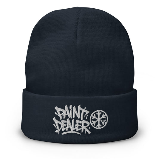 Navy-Paint Dealer Graffiti Tag Beanie Hat from B.Different Clothing, front view, graffiti-inspired streetwear