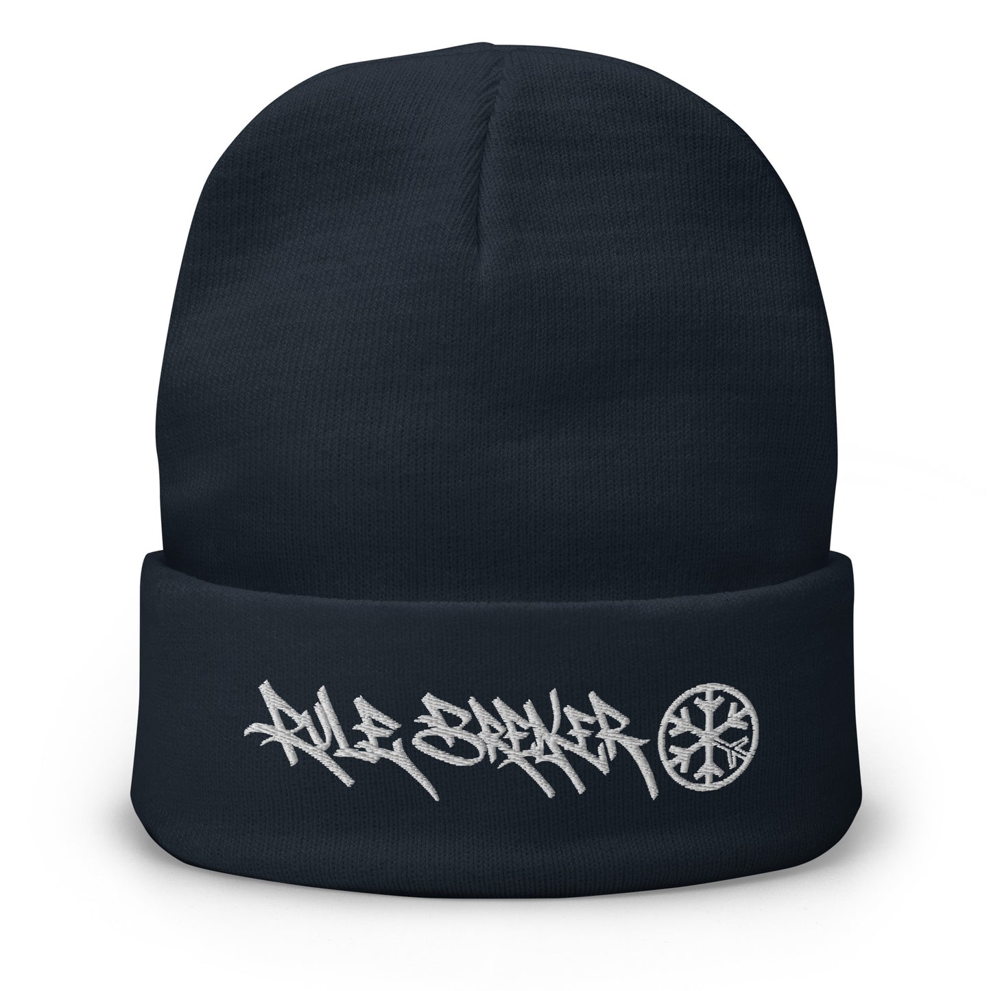 Navy-Rule Breaker Graffiti Tag Beanie Hat from B.Different Clothing, front view, graffiti-inspired streetwear