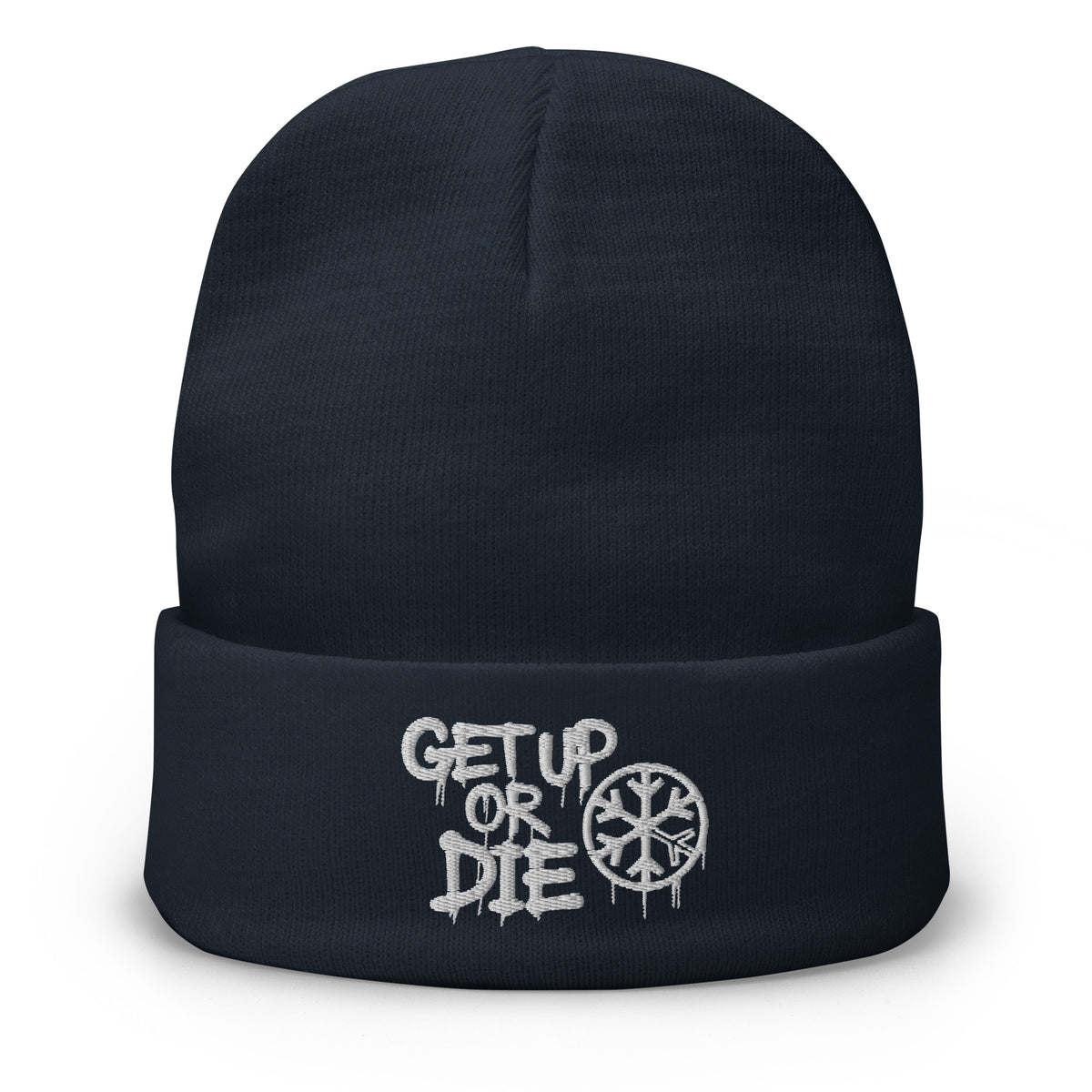 Navy-Get Up or Die Graffiti Tag Beanie Hat from B.Different Clothing, front view, graffiti-inspired streetwear