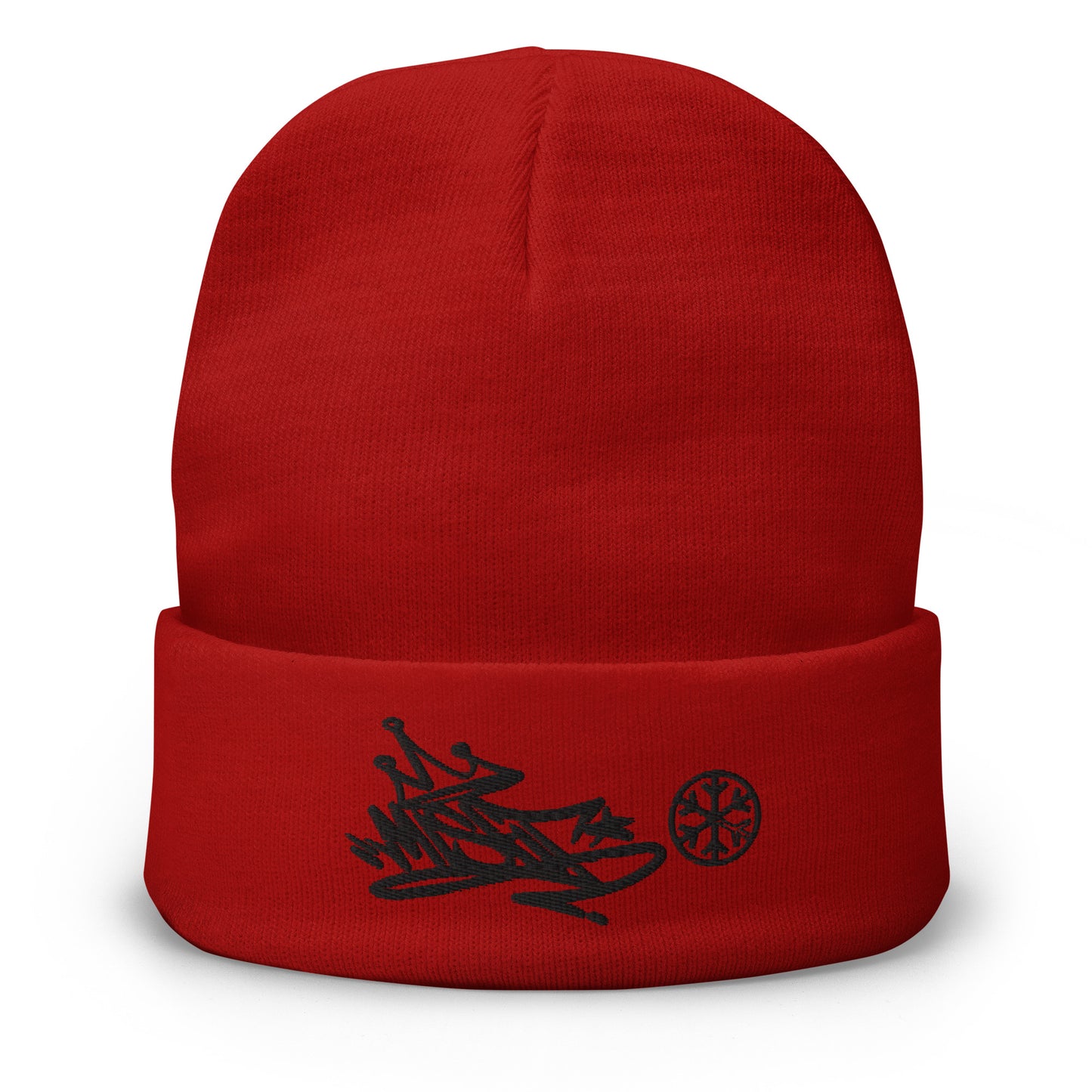 Red-Misfit Graffiti Tag Beanie from B.Different Clothing, front view, graffiti-inspired streetwear