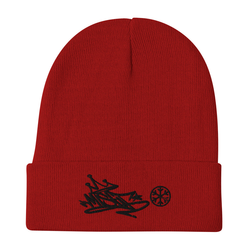 Red-Misfit Graffiti Tag Beanie from B.Different Clothing, flat view, graffiti-inspired streetwear
