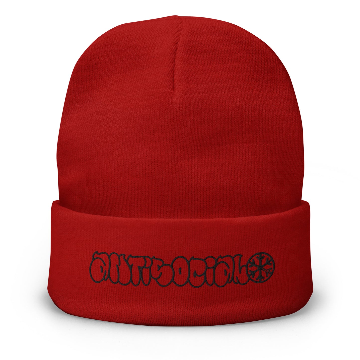 Red-Antisocial Graffiti Hollow Beanie Hat from B.Different Clothing, front view, graffiti-inspired streetwear