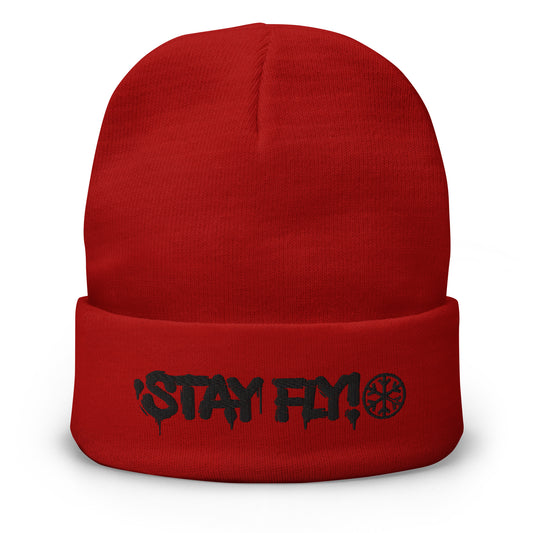 Red-Stay Fly Graffiti Tag Beanie Hat from B.Different Clothing, front view, graffiti-inspired streetwear