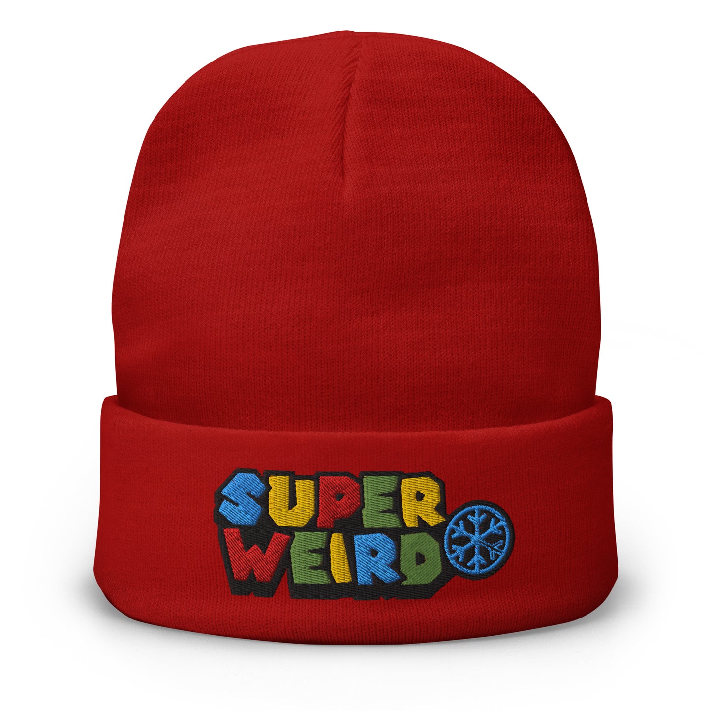 Red-Super Weird Beanie Hat from B.Different Clothing, front view, graffiti-inspired streetwear