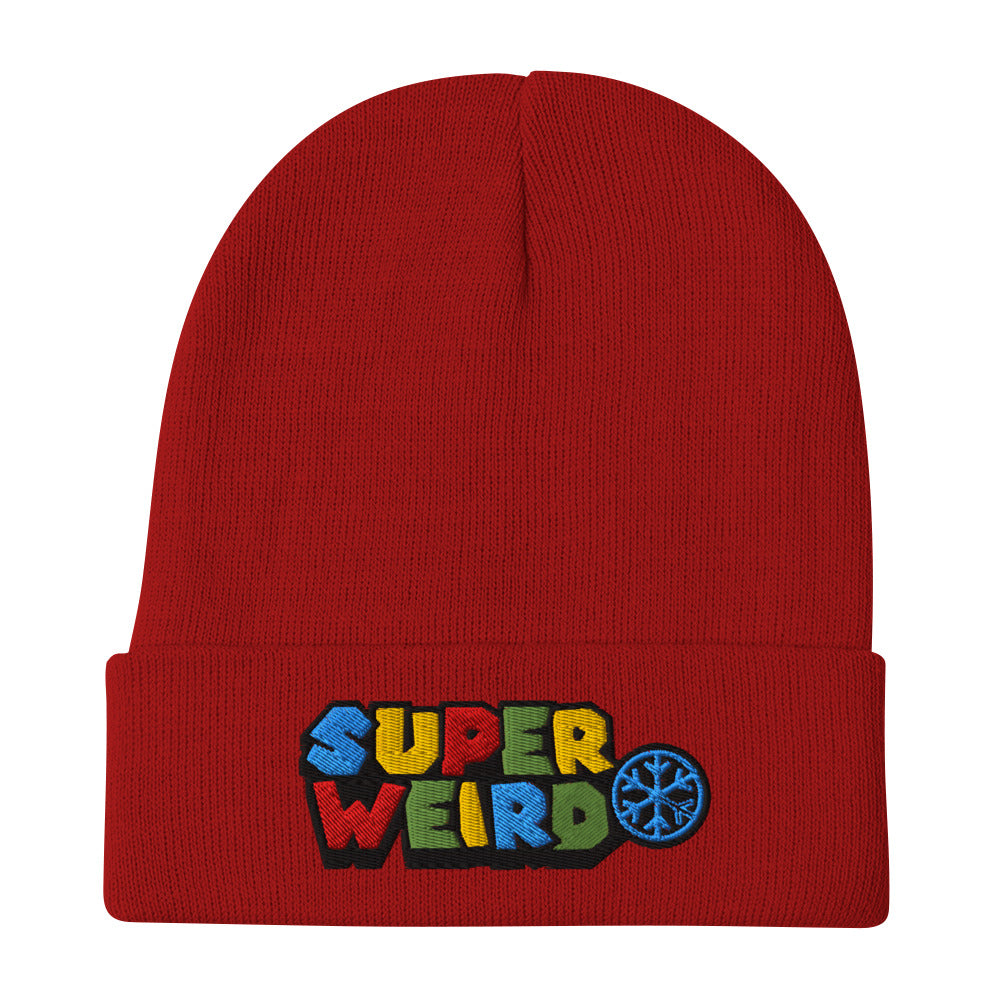 Red-Super Weird Beanie Hat from B.Different Clothing, flat view, graffiti-inspired streetwear