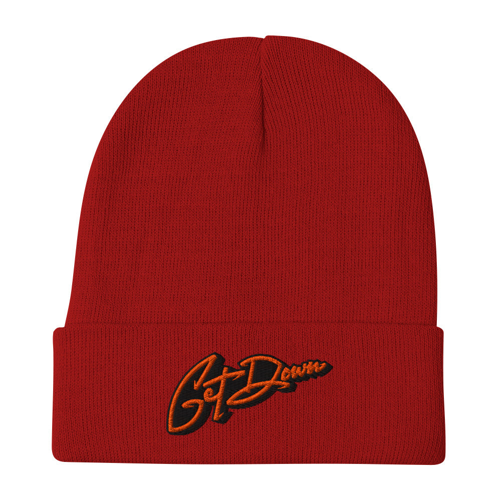 Red-Get Down Graffiti Lettering Beanie Hat from B.Different Clothing, flat view, graffiti-inspired streetwear