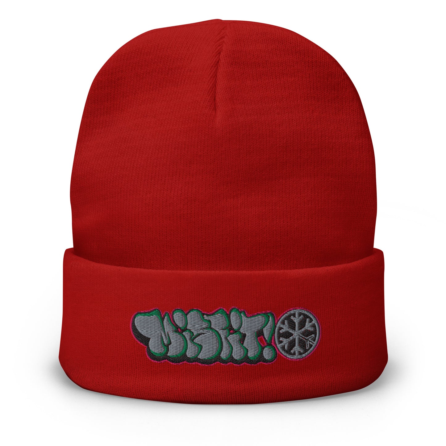 Red-Misfit Graffiti Throwie Beanie Hat from B.Different Clothing, front view, graffiti-inspired streetwear