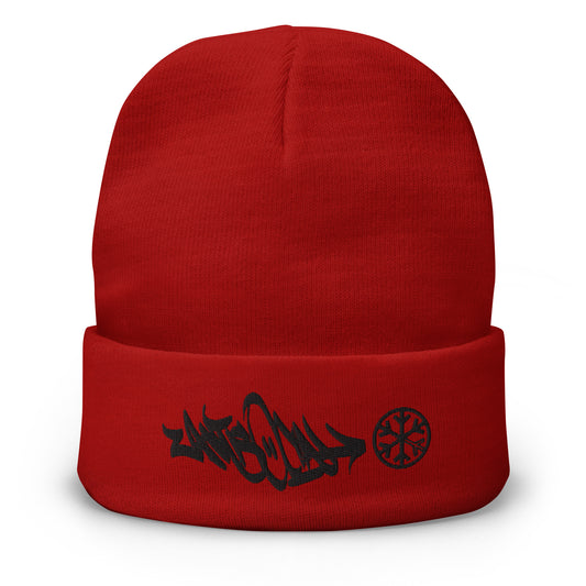 Red-Antisocial Graffiti Tag Beanie Hat from B.Different Clothing, front view, graffiti-inspired streetwear