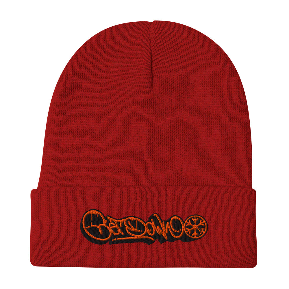 Red-Get Down Graffiti Tag Beanie Hat from B.Different Clothing, flat view, graffiti-inspired streetwear