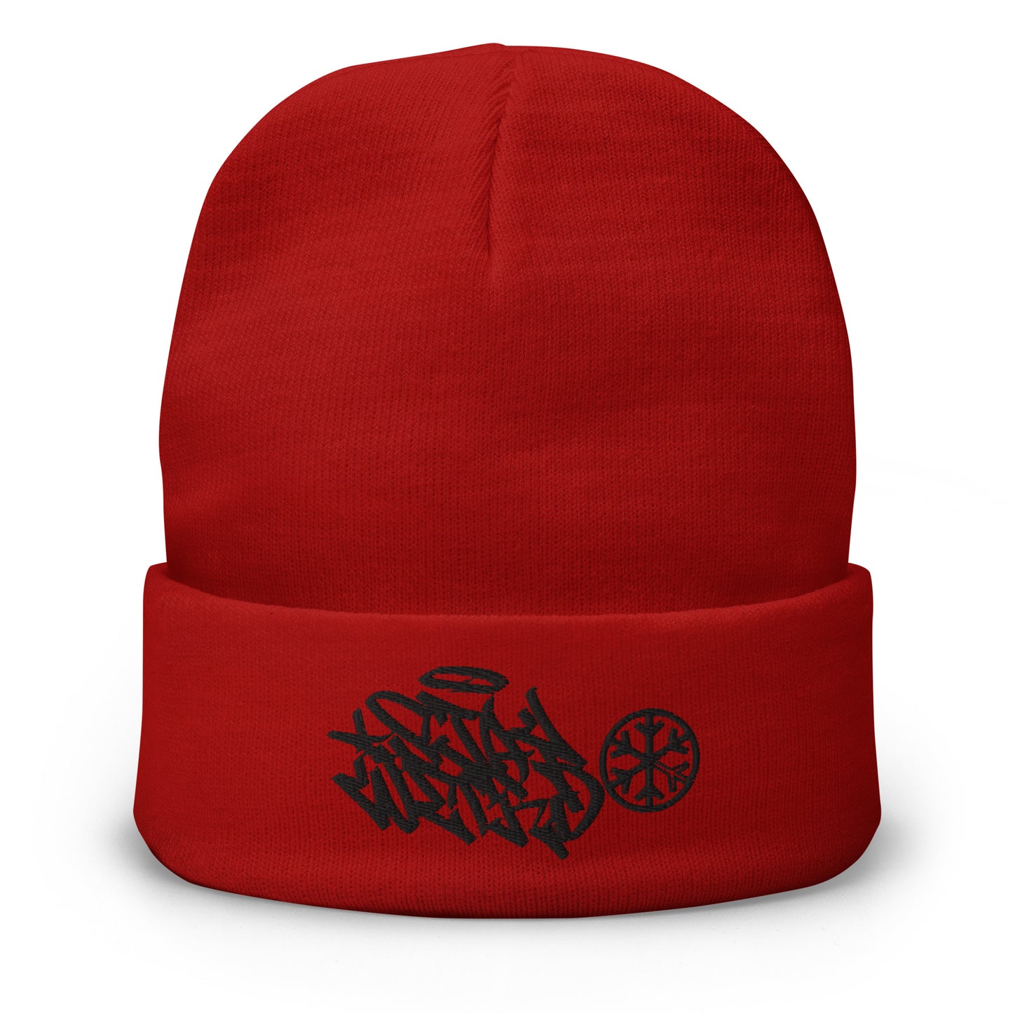 Red-Stay Weird Graffiti Tag Beanie Hat from B.Different Clothing, front view, graffiti-inspired streetwear