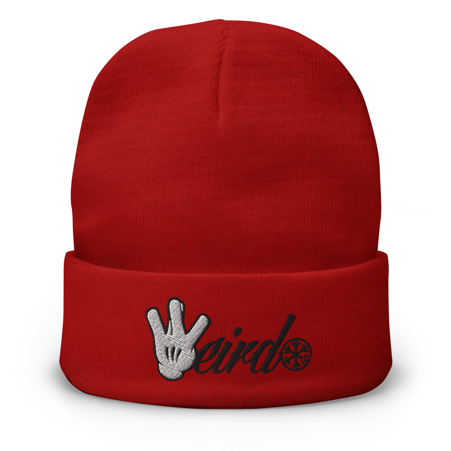 Red-Weirdo Hand Sign Beanie Hat from B.Different Clothing, front view, graffiti-inspired streetwear