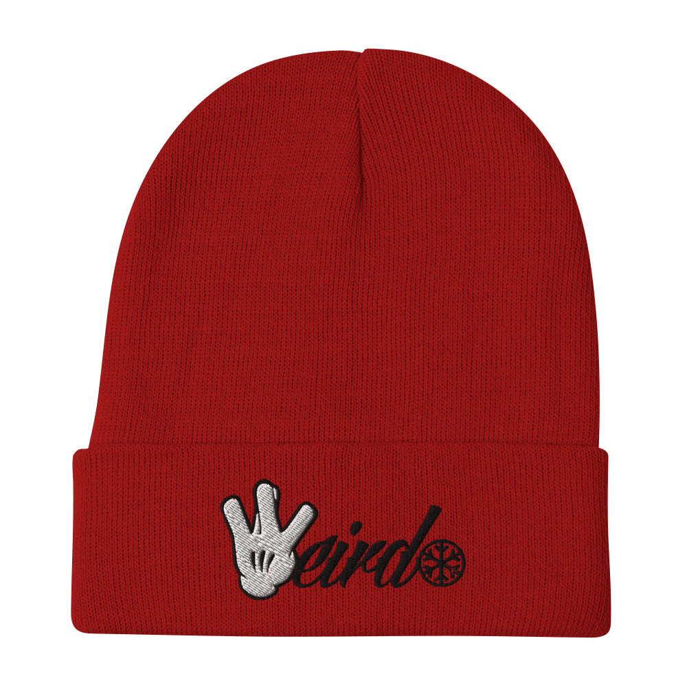 Red-Weirdo Hand Sign Beanie Hat from B.Different Clothing, flat view, graffiti-inspired streetwear