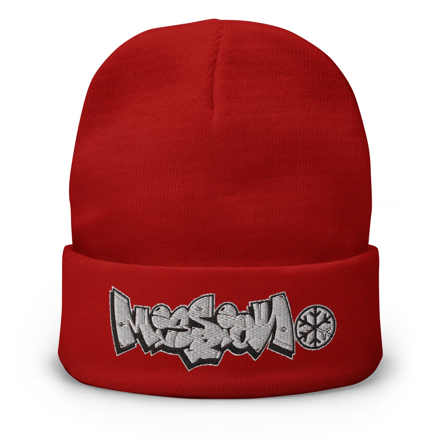 Red-Mission Graffiti Piece Beanie Hat from B.Different Clothing, front view, graffiti-inspired streetwear