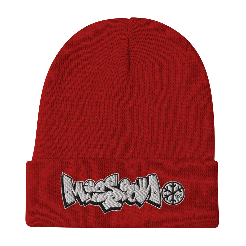 Red-Mission Graffiti Piece Beanie Hat from B.Different Clothing, flat view, graffiti-inspired streetwear