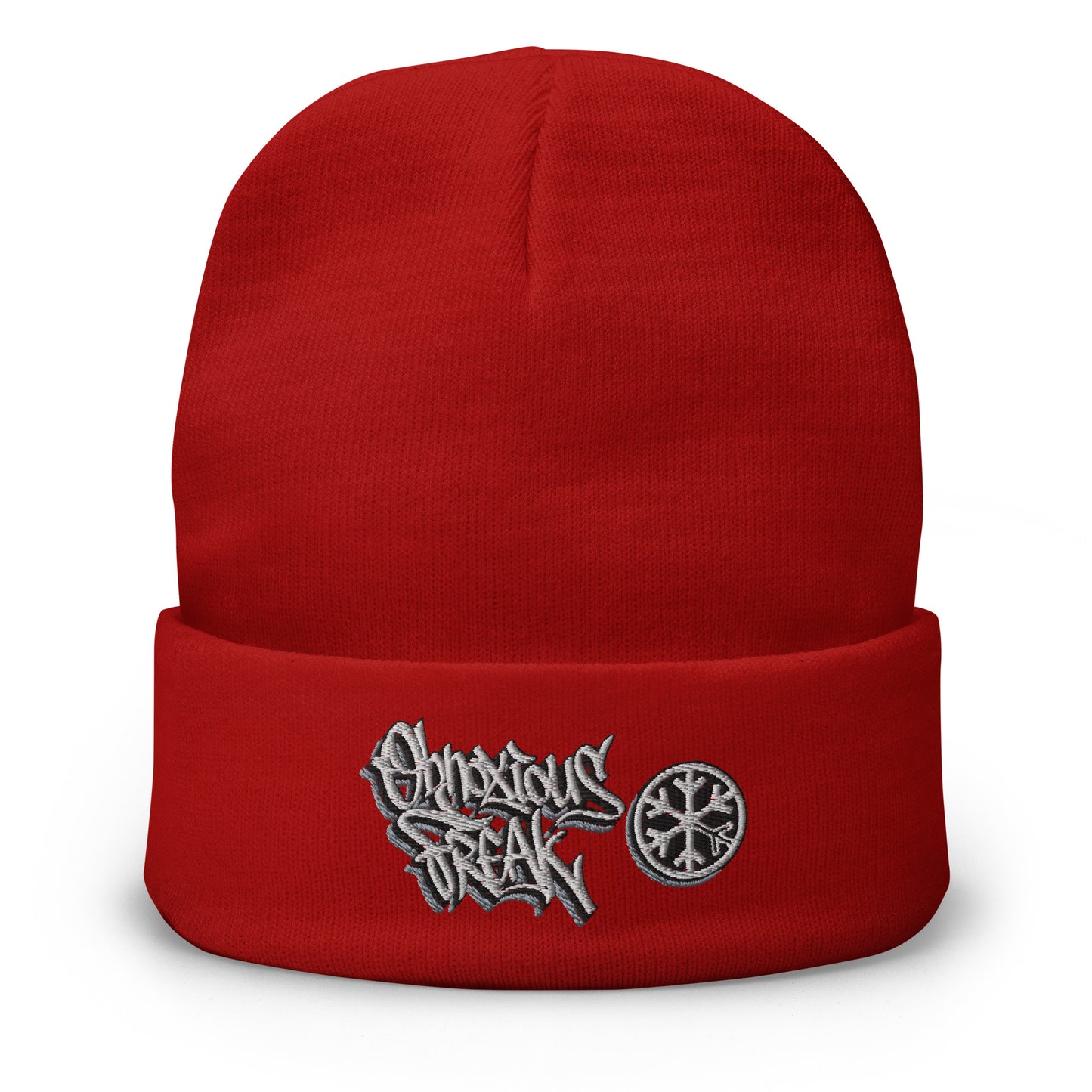 Red-Obnoxious Freak Graffiti Beanie Hat from B.Different Clothing, front view, graffiti-inspired streetwear